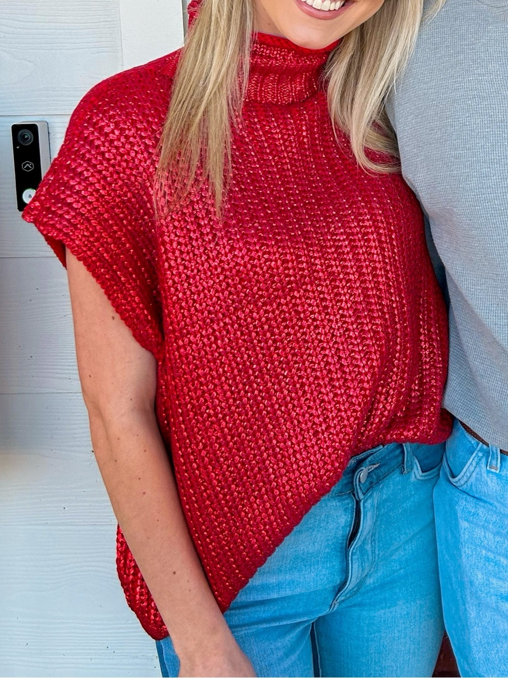 Red Knit Short-Sleeve Turtleneck Sweater